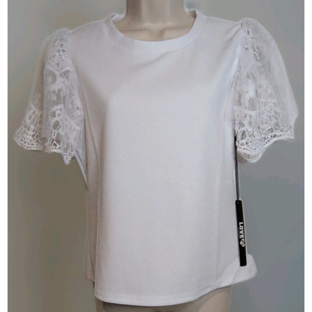 Love 83 Women's White Lace Puff Sleeve Crew Neck T-Shirt Blouse NWT Size M/L